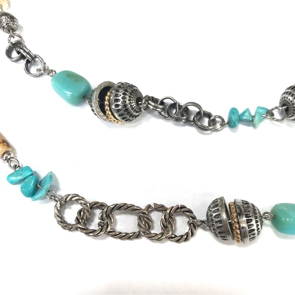 NWT Ruby Rd Safari Double Strand Necklace Turquoise Bamboo Brown Silver Tone NEW - Picture 3 of 8